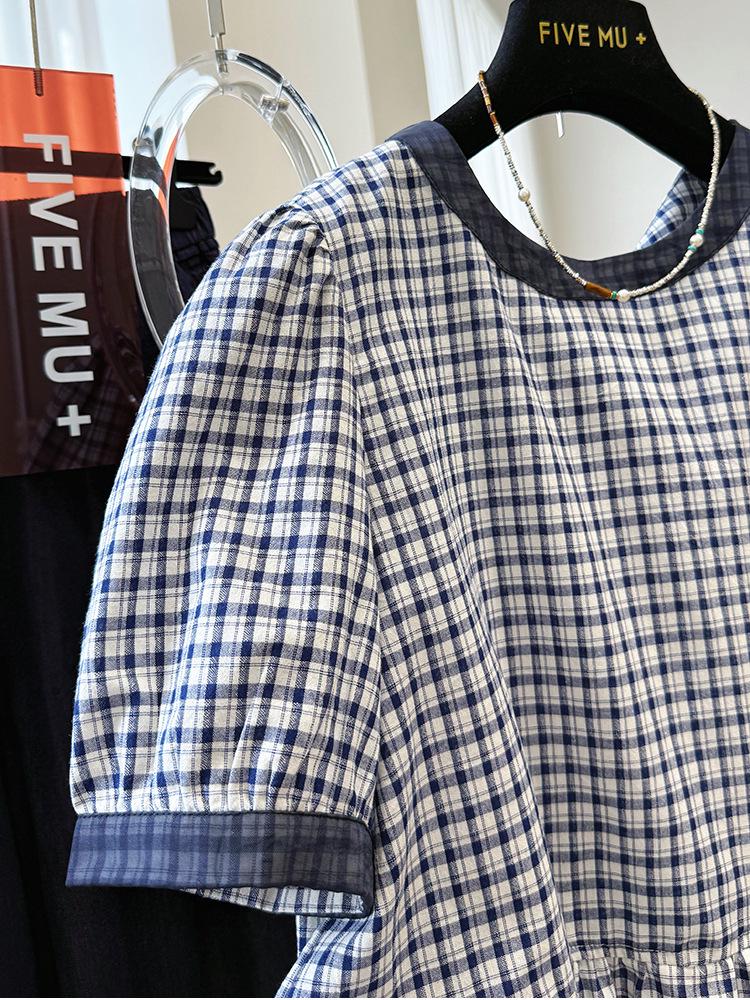 2025 Sommer Koreanisches Leichter Luxus Retro Karomuster Rundhalsausschnitt Kurzarm Locker Puppenoberteil für Damen