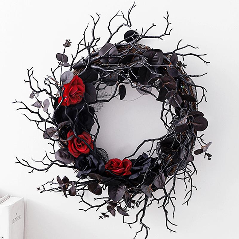 Halloween Wilt Wreath Artificial Flower Black Rose Decoration Wreath Door Hanging Festive Arrangement Rattan Ring Wall Hanging