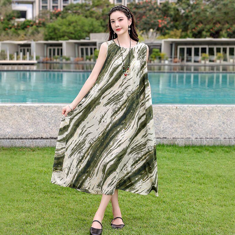 Sleeveless Cotton Dress Summer Loose Plus Size Slimming Vest Vacation Long Dress Elegant Beach