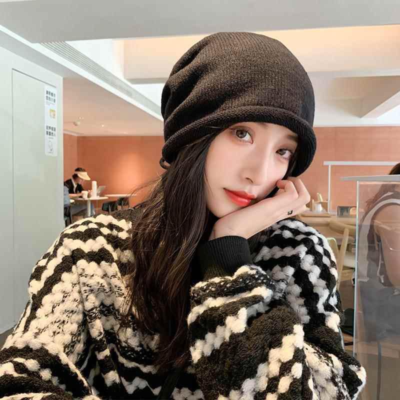 Autumn And Winter Pile Hat With Curled Brim And All-Match Warm Cold Hat With Large Head Knitted Drawstring Hat For Women