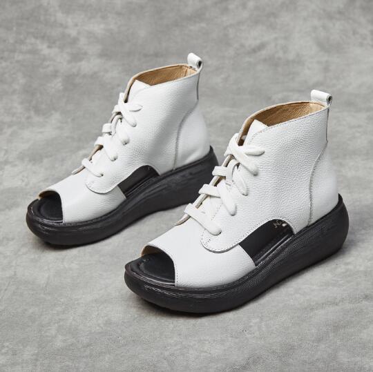 Sandalias de verano de cuero genuino, piel de vaca, suela gruesa, puntera abierta, zapatos de plataforma planos con agujeros, botas romanas frescas para mujer C286