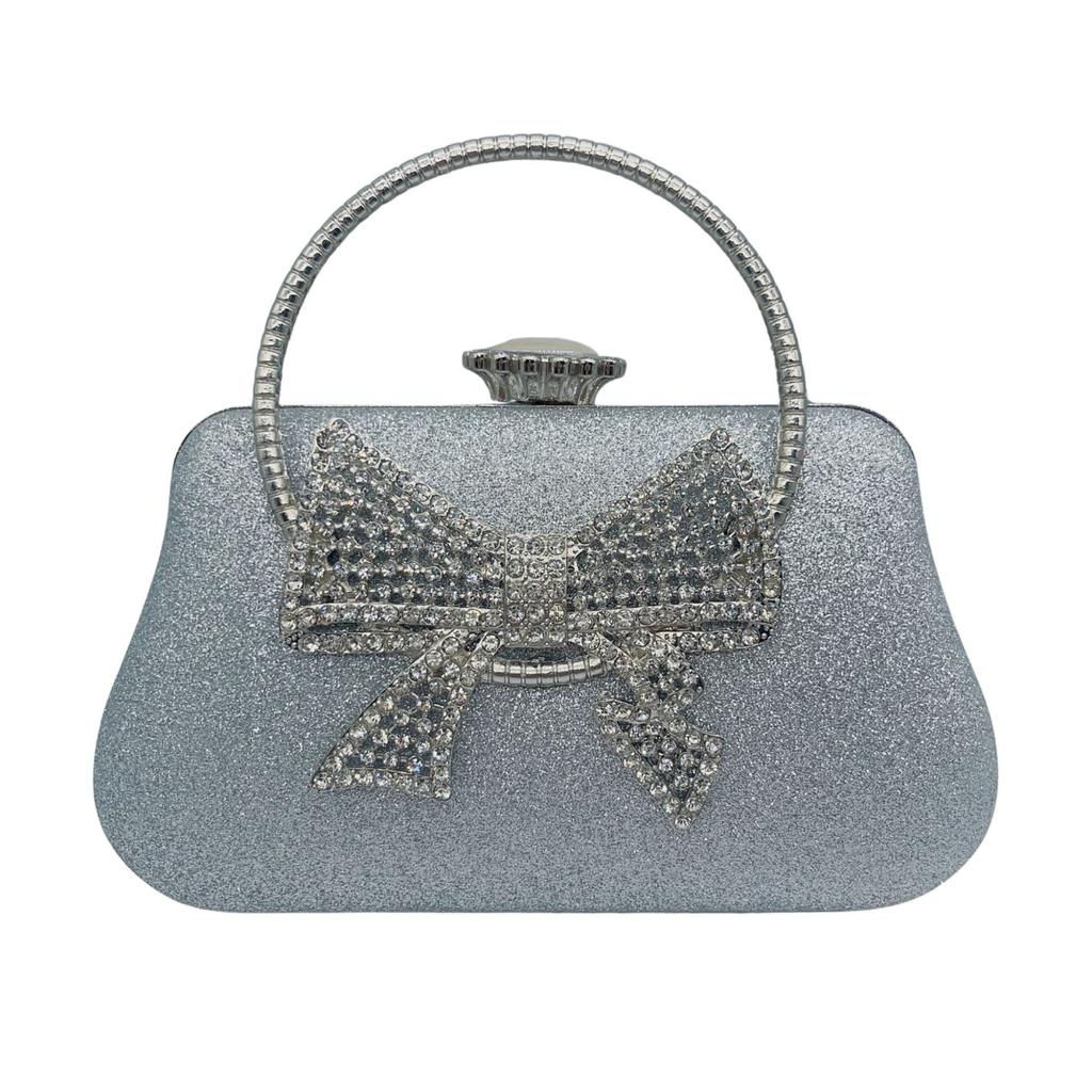 Diamond Bow Women's Evening Bag Fashion Stones Top-Handle Crystal Wedding Party Clutch Long Chain Gold/Silver Handbags For Lady