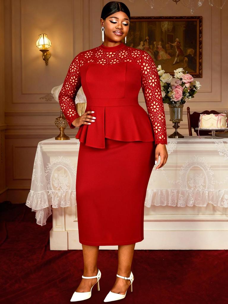 Elegant Plus Size Lace Dress with Ruffle Waist for Wedding Guests