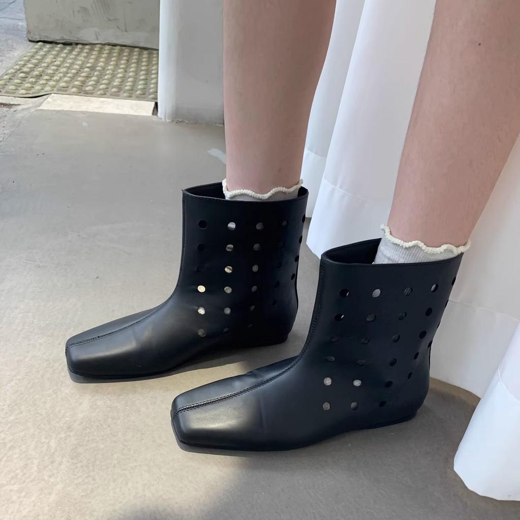 Sheepskin version~ Design sense leather wide tube hole western boots women's retro hollow breathable Maillard cool boots net boots