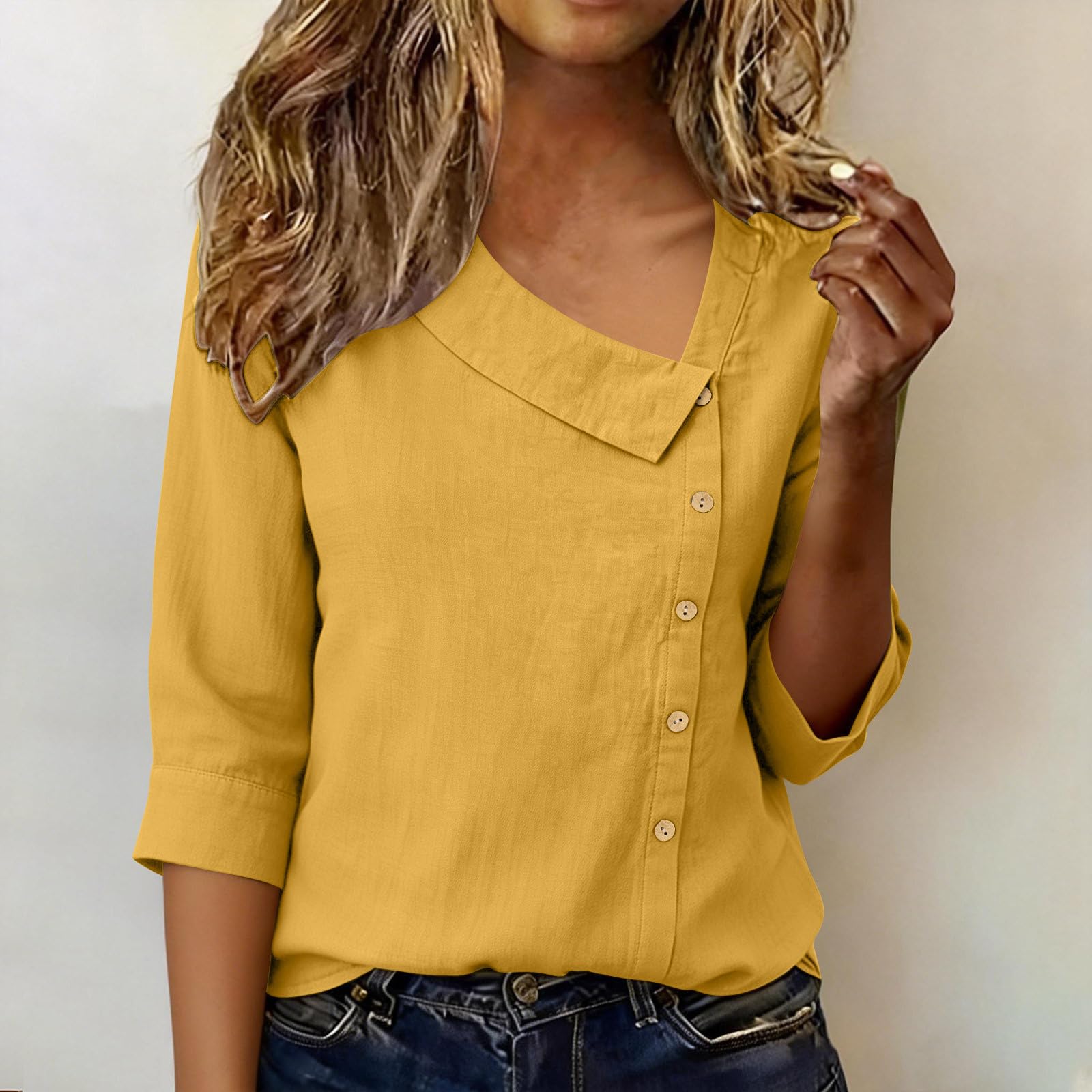 

Women s 3/4 Sleeve Linen Shirts Collared Loose Skew V Neck Button Up Blouse Lightweight Casual Tops XL жовтий