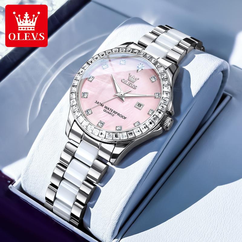 OLEVS Quartz Wristwatch Elegant Luxury Ceramics Strap Waterproof Auto Date Diamond Bezel Watch for Women