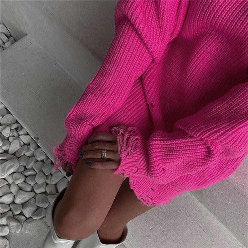 Plus Size Women's Loose Solid Color Ripped Sweater Long Autumn Crew Neck Pullover Long Sleeved Sweater