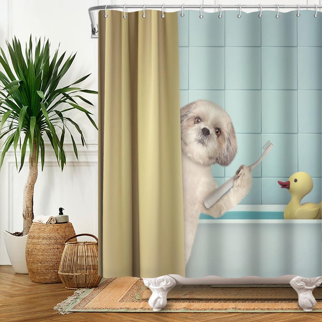 Cortină de duș amuzantă cu pisici, desene animate, pisici drăguțe, câine, cortină de duș pentru copii pentru baie, poliester impermeabil, decor pentru casă, cortine de duș