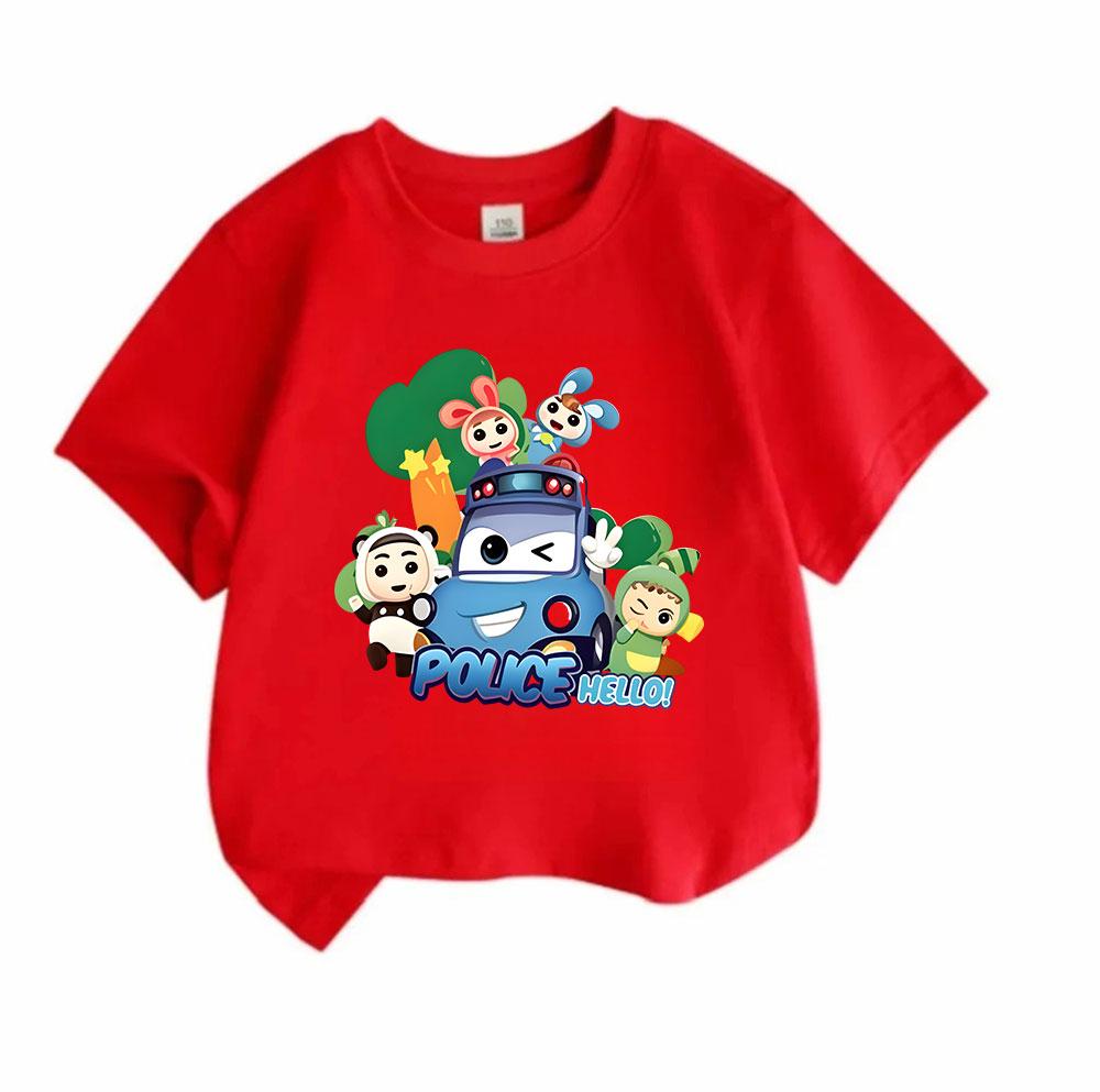 Kids Boys Girls Crew Neck Short Sleeve T Shirt, 100% Cotton Casual Tee with Cute Cartoon Police Car Lovely Characters Print for Children Daily Wear