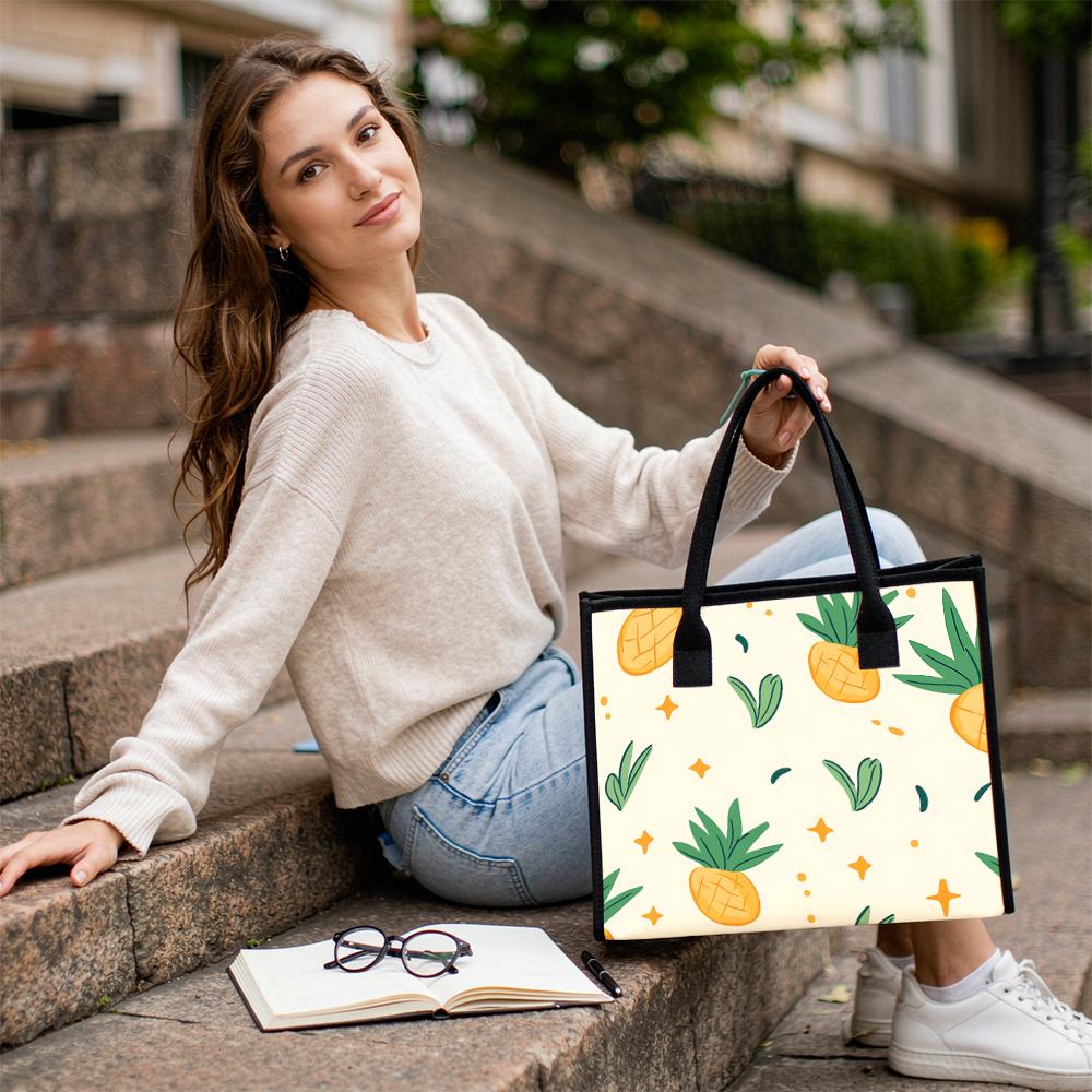 Cute Pineapple Printed Tote Bag Casual Large Capacity Reusable Shopping Handbag for Daily Use