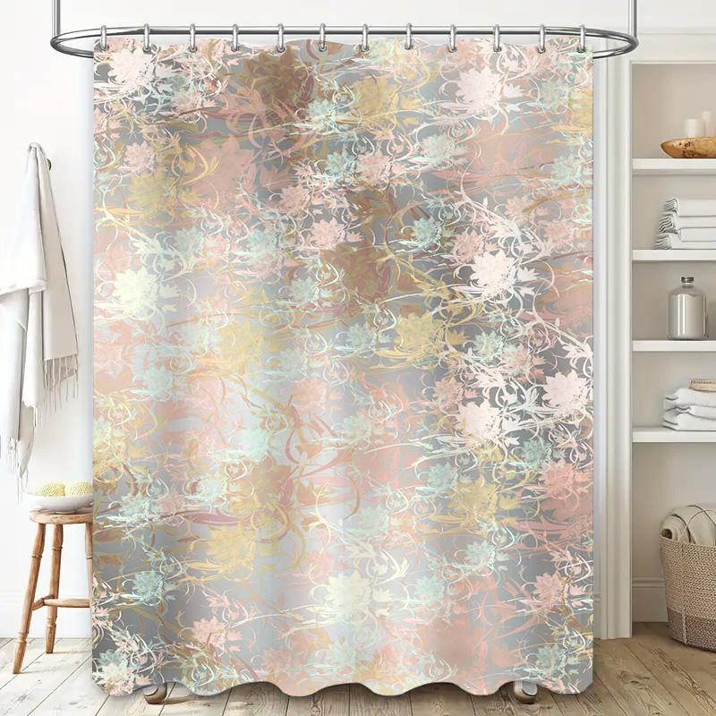Artistic Pink White Floral Print Shower Curtain for Bathroom Decor Waterproof Polyester Fabric with Hooks Included Size: 69x70in