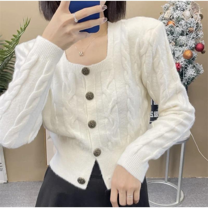 Twist square neck sweater women's loose and thin autumn new college style niche design knitted cardigan women