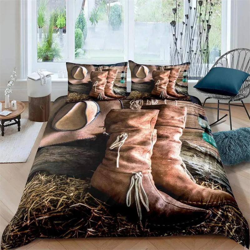 Western Cowboy Duvet Cover Set Vintage Farmhouse Bedding Set for Kids Boys Teens Queen Size Soft 2/3pcs Polyester Quilt Cover