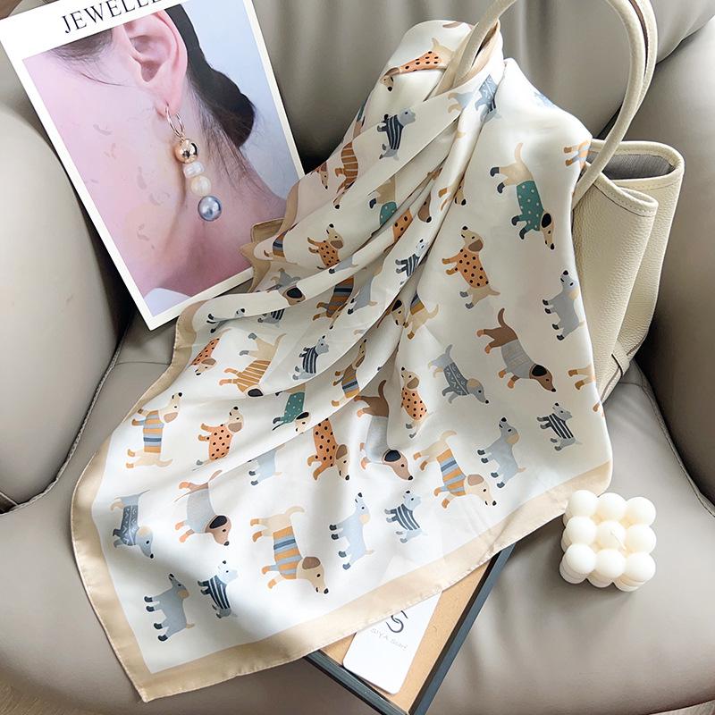 1116 Summer New Cartoon Dog Printed Small Square Scarf Cute Head Scarf Chest Wrap Versatile Korean Silk Scarf Scarf Scarf
