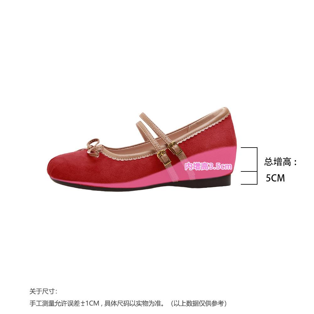 

5cm inner height increase bow suede single shoes 2025 new ballet shoes double buckle with pleats Mary Jane women s shoes 39