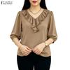ZANZEA Women Ruffles V-Neck Solid Color Loose 3/4 Sleeve Blouse