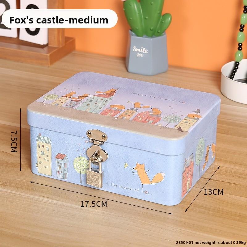 Retro Tinplate Box with Lock Key, Desktop Storage Box, Cosmetics, ID Storage, Household Jewelry Empty Box.