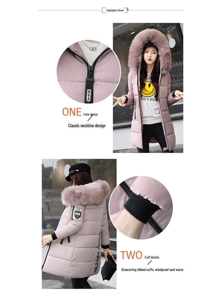 Women's Mid-Length 2024 Winter Cotton Coat with Large Fur Collar - European, American, and Korean Style, Plus Size, Thickened.