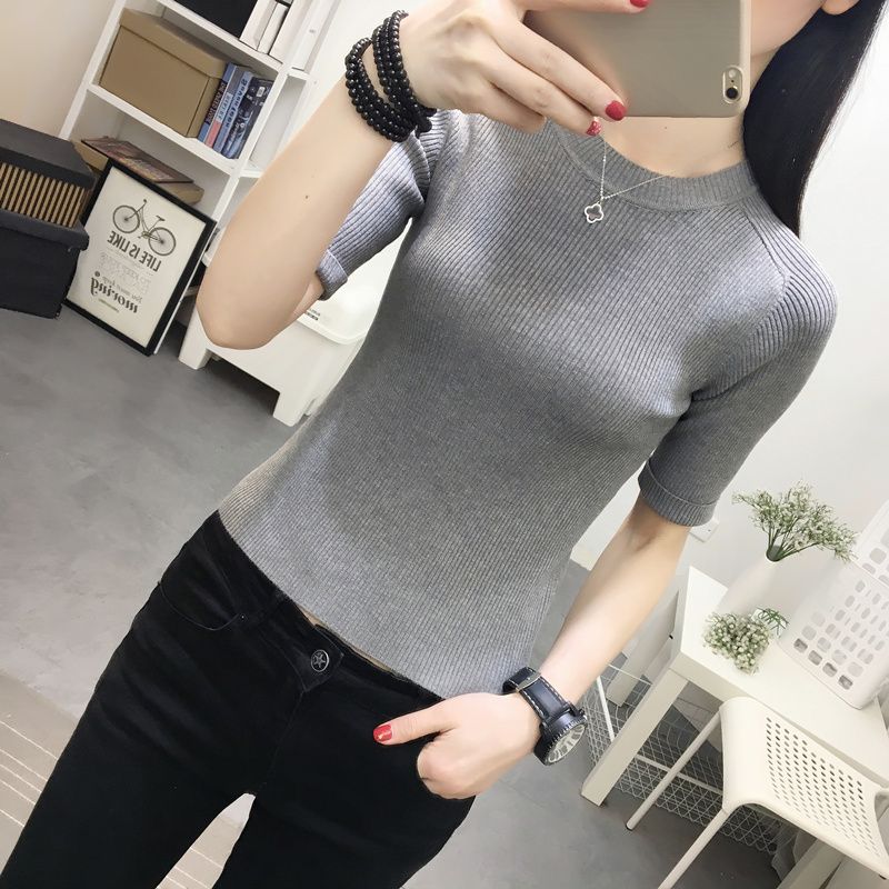 

Purple Spring Women s Short Tops 2025 New Arrival Tide White Slim Fit Sweater Fashion Knitting Bottoming Shirt Thin Black Half-Sleeved Grey S