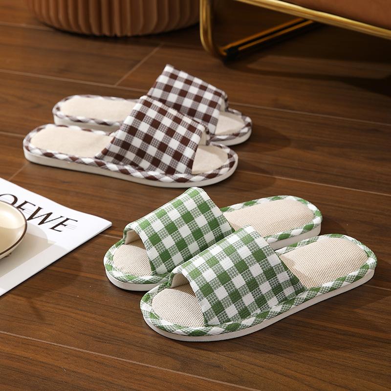 New Four Seasons Wood Flooring Home Couple Cotton and Hemp Four Seasons Cloth Slippers Diamond Checkerboard and Linen Slippers
