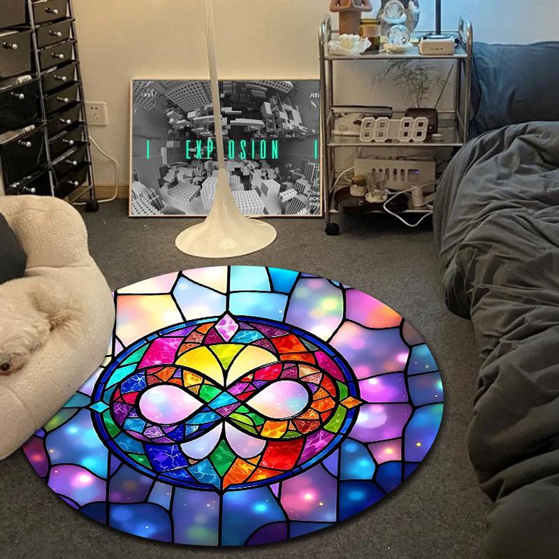 Boho Round Gothic Multicolor Carpet, Non-Slip Floor Mat for Living Room