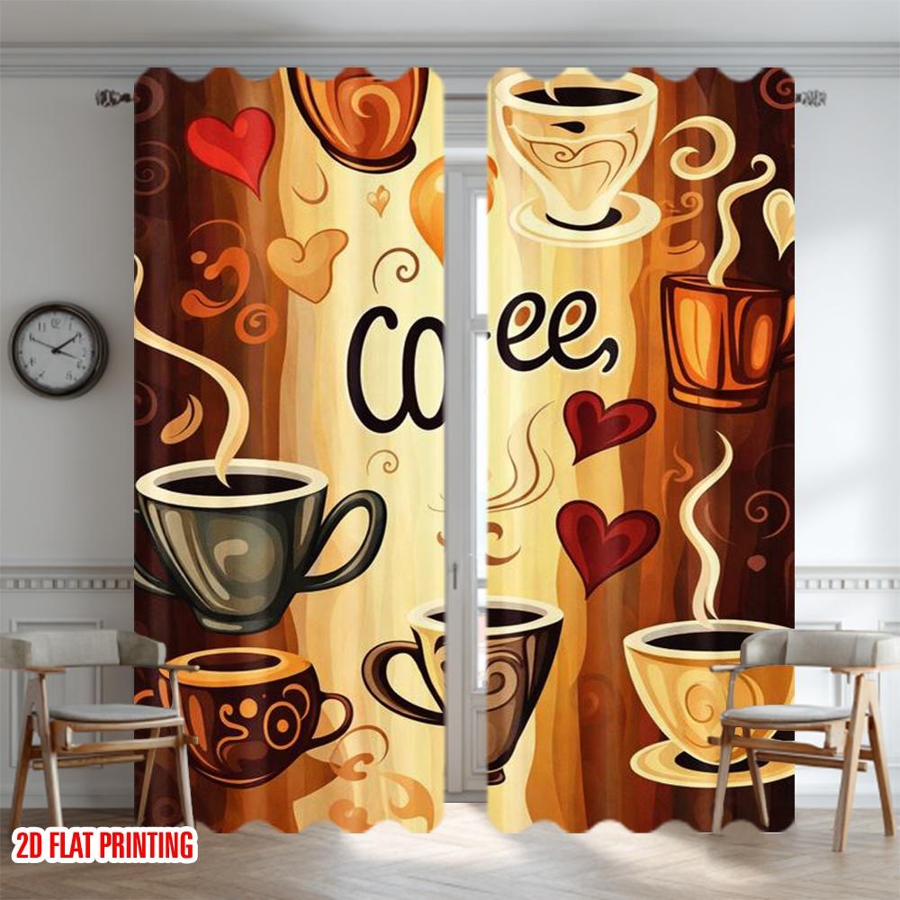 2D Flat Printing 2pcs Curtain Curtain Coffee Cups and Hearts Digital Printed Polyester Drapes Party Decorations Use for Bedroom