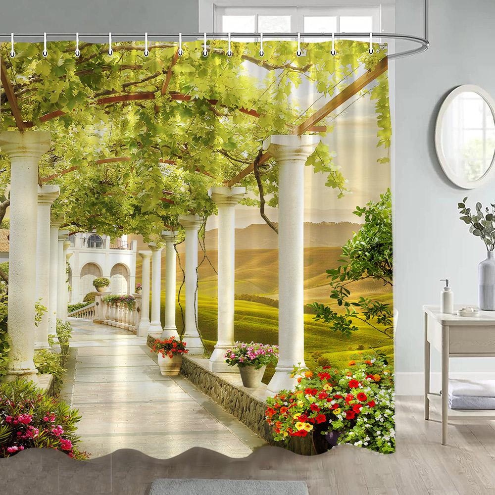 Italian Street View Shower Curtain Vintage Town Arch Floral Plant European Style Scenery Home Bathroom Curtains Decor with Hooks