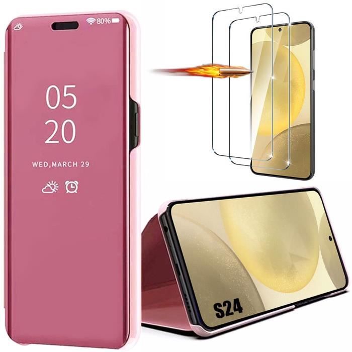 Coque pour Samsung Galaxy S24 - Smart Case - Rose - 2 Verres Trempés - Protection Renforcée - Rigide