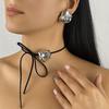 Retro Style Rose Flower Necklace PU Leather Flower Stud Earrings Adjustable Rope Choker  Women