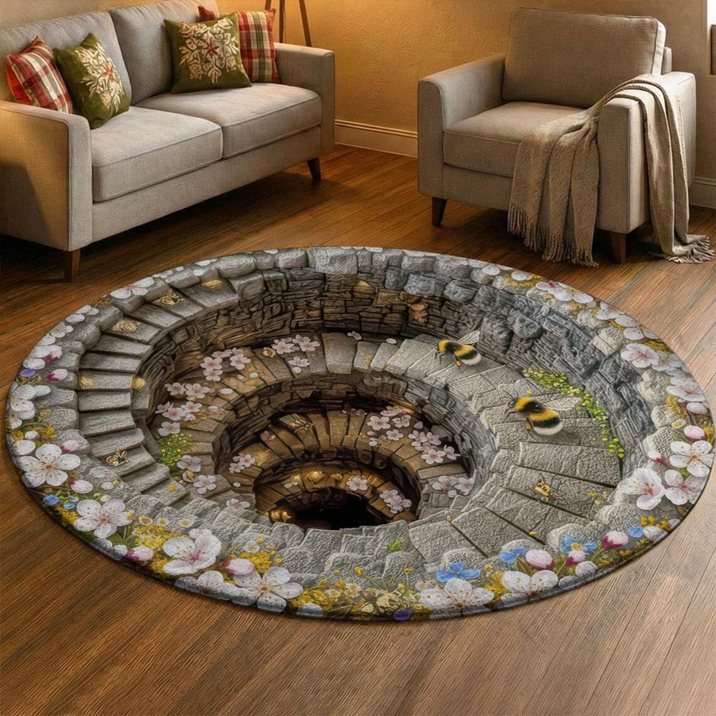 Visual Hole Round Carpet Spring Flower Bird Plant Anti Slip Door Mat Living Room Bedroom Kitchen Decoration Carpet