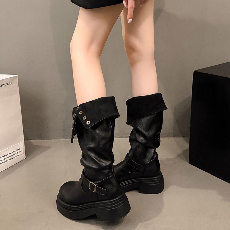 Black Tall Boots Summer Thick-soled Boots Women's 2025 New Thin and Tall Small Thick-legged Knight Boots