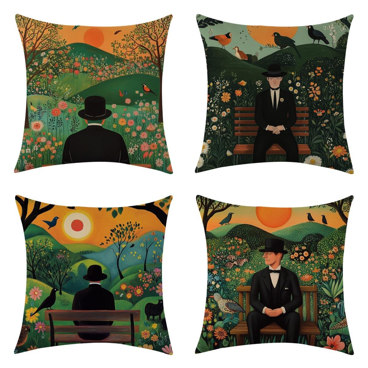 

A New Four-piece Set of Pastoral Fairy Tale Scenery and Elderly Linen Throw Pillows 45 * 45 throw pillow four-piece set