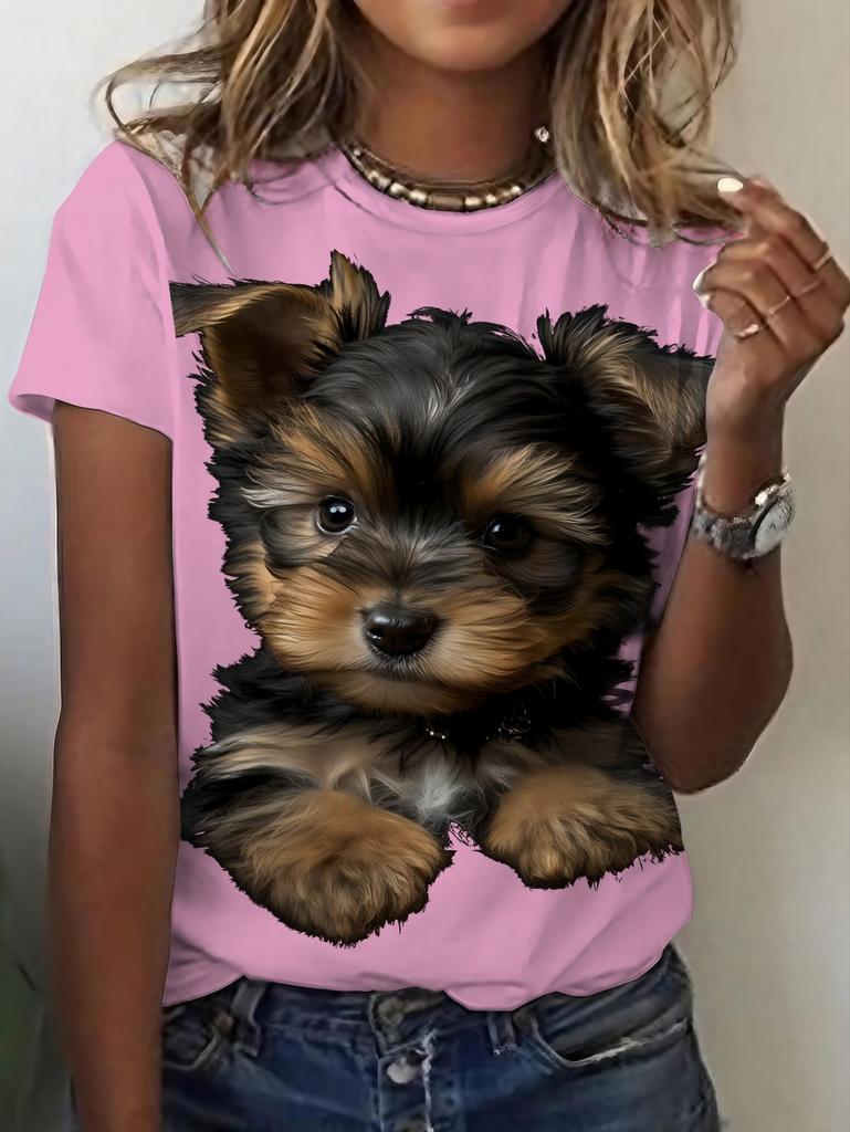 Women's Tops 2026 Trend T Shirt 3D Dog Graphic Printing Summer Breathable Round Neck Short Sleeved Top Fashion Clothes for Woman