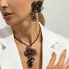 Salircon Black Exquisite Flower Petal Pendant Necklace Tassel Long Earrings Set Women Fashion Charm Jewelry Party Daily Wearing