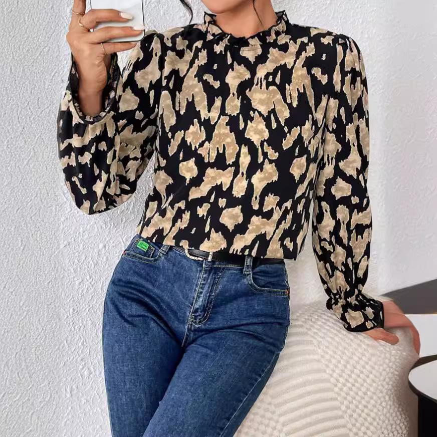 Damska, wiosenna, elegancka, drukowana bluzka z kołnierzykiem i rękawami w kształcie latarni