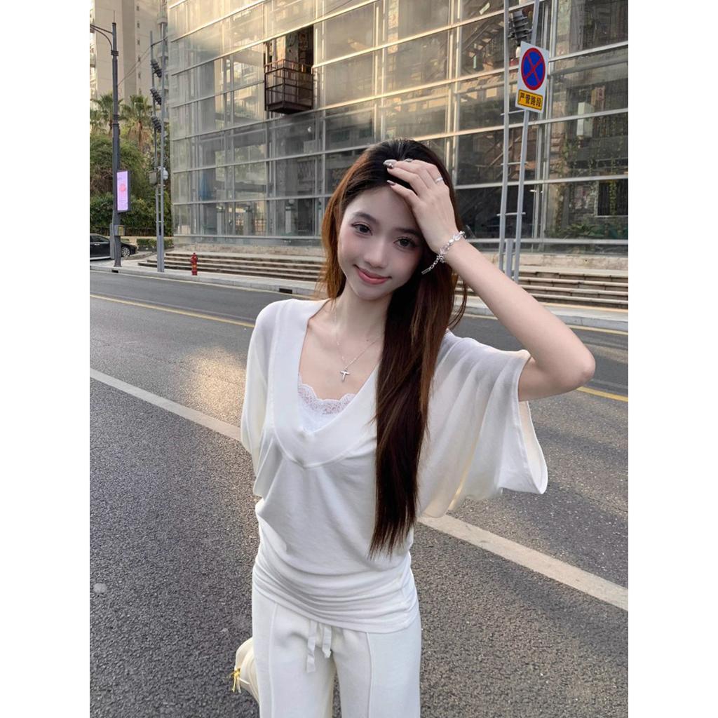 Lazy wind loose V-neck short-sleeved T-shirt women's large size bottoming shirt bat-sleeved blouse waist versatile solid color top