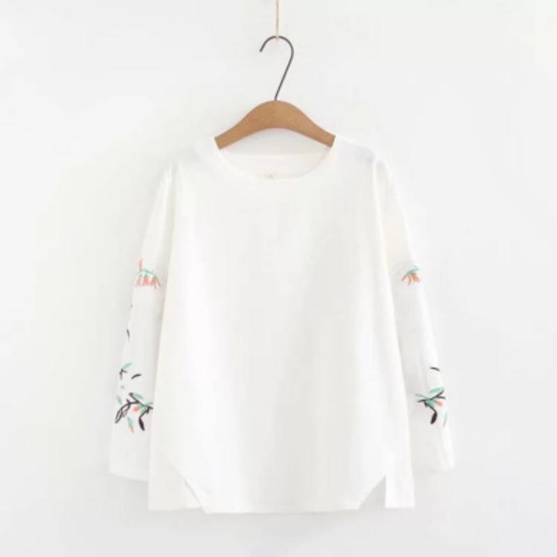 Baumwolle Bestickt Langärmlig Übergröße Basis-Shirt Frühling Sommer T-Shirt Retro Damen Weißes Oberteil T-Shirts Damen