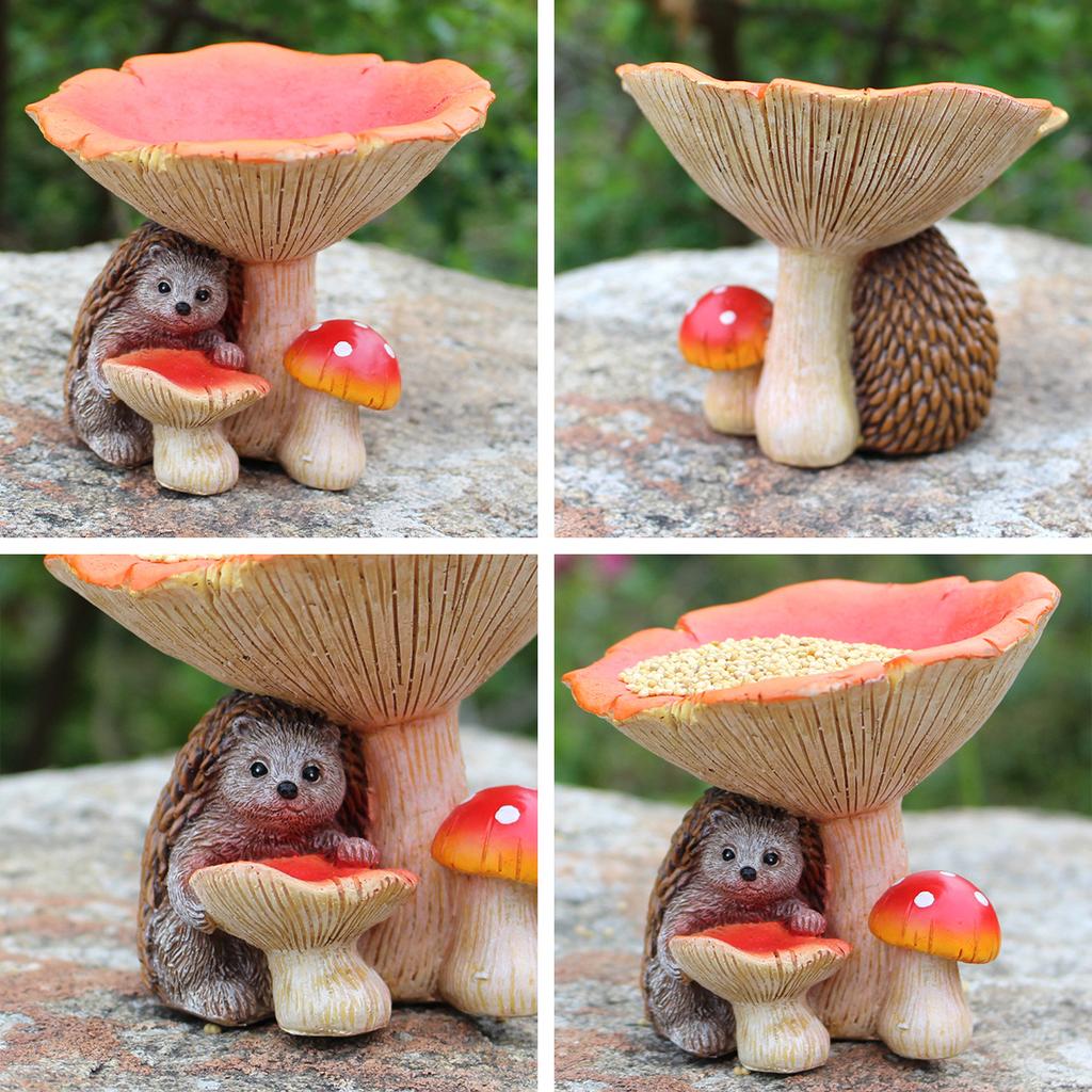 Hedgehog mushroom bird feeder, resin, realistic mushroom hedgehog feeding trough, outdoor, garden courtyard, lawn decoration