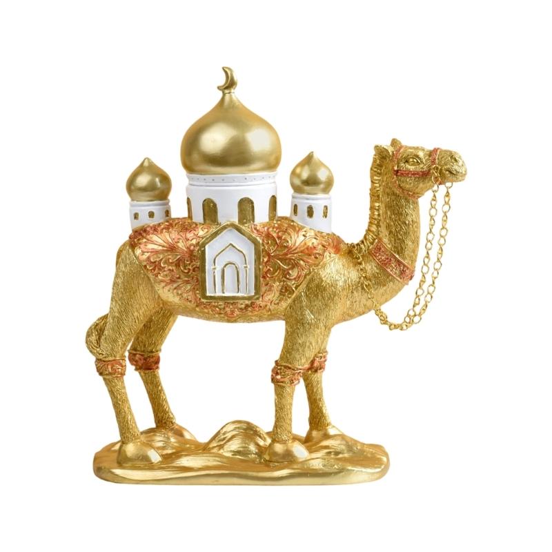 Camels Figurine with Mosque Tower Resin Camels Statue Ornament for Ramadans Eid Mubarak Home Decors Collectibles Gift