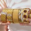 18K Gold Plated Honeycomb Pattern Stainless Steel Wide Bracelet with Zirconia Inlaid - European & American Fashion.