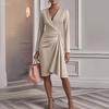 QICED Fashion Autumn Winter Solid Color Print  V-Neck Long Sleeve Casual Dresses