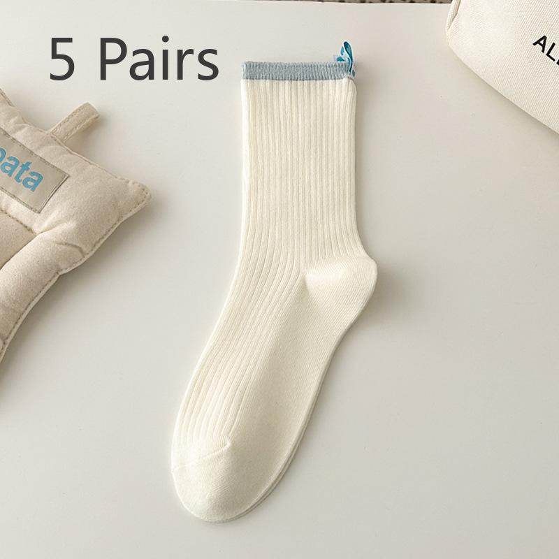 5 Pairs of Women's Spring and Autumn Small Fresh Heel Love Fabric Label Mid Tube Socks