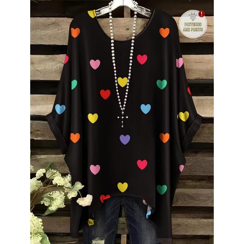 Damen T-Shirts Regenbogen gestreift Herzmuster Rundhals-Tees Vintage Asymmetrischer Saum Rundhals-Oberteile Vielseitige Lockere Damenbekleidung