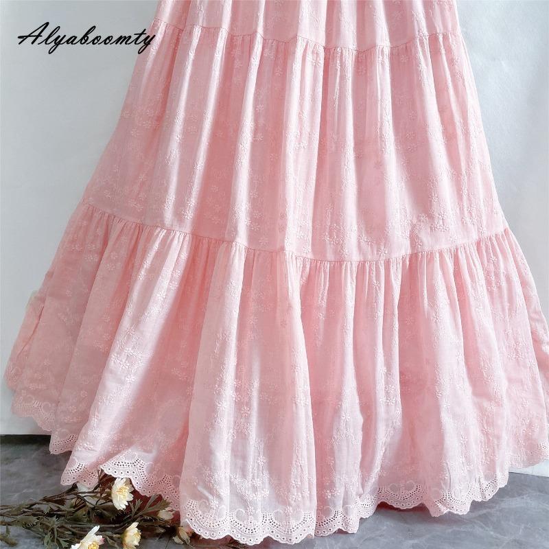 Japanischer Mori Girl Frühling Sommer Damen Rosa Rock Elastischer Bund Blumenstickerei Weicher Rock Eleganter Femininer Baumwolle Damenröcke