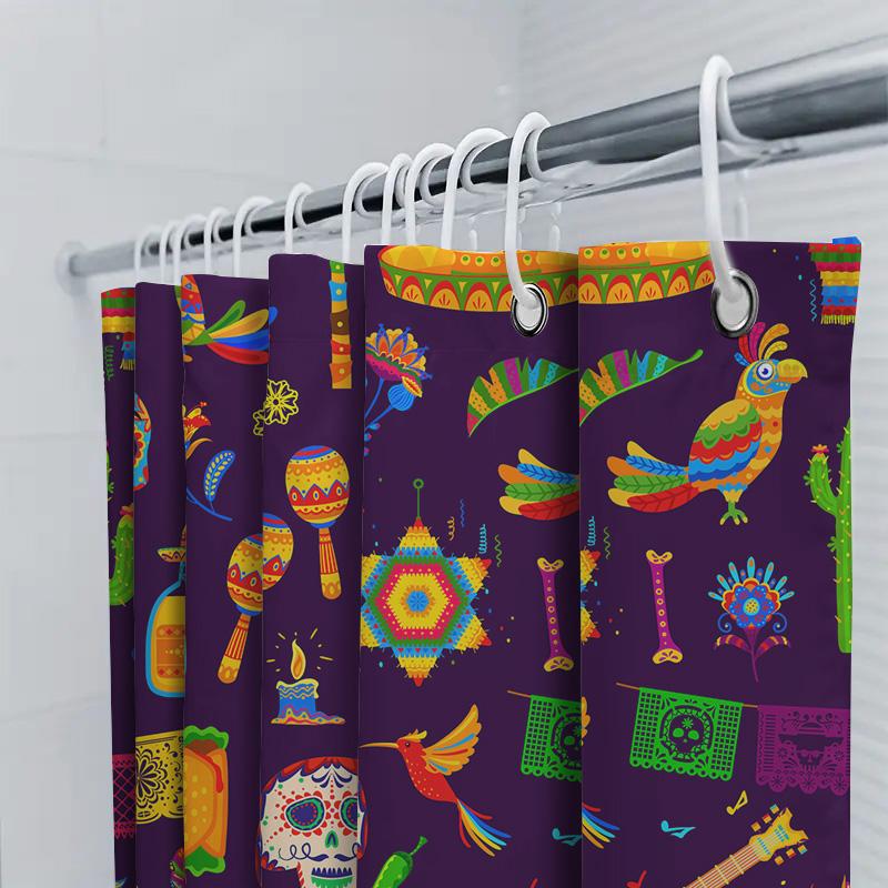 Rideau de douche folklorique mexicain motif violet avec crânes, oiseaux, guitares pour décoration de salle de bain