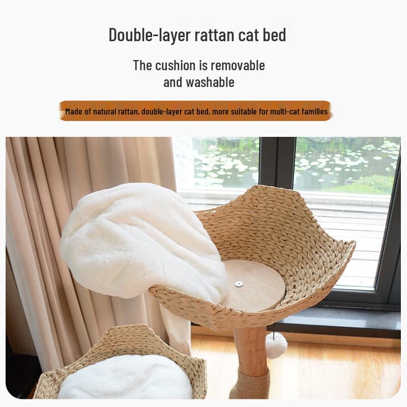 Wooden Cat Tree with Double Nests and Scratching Post