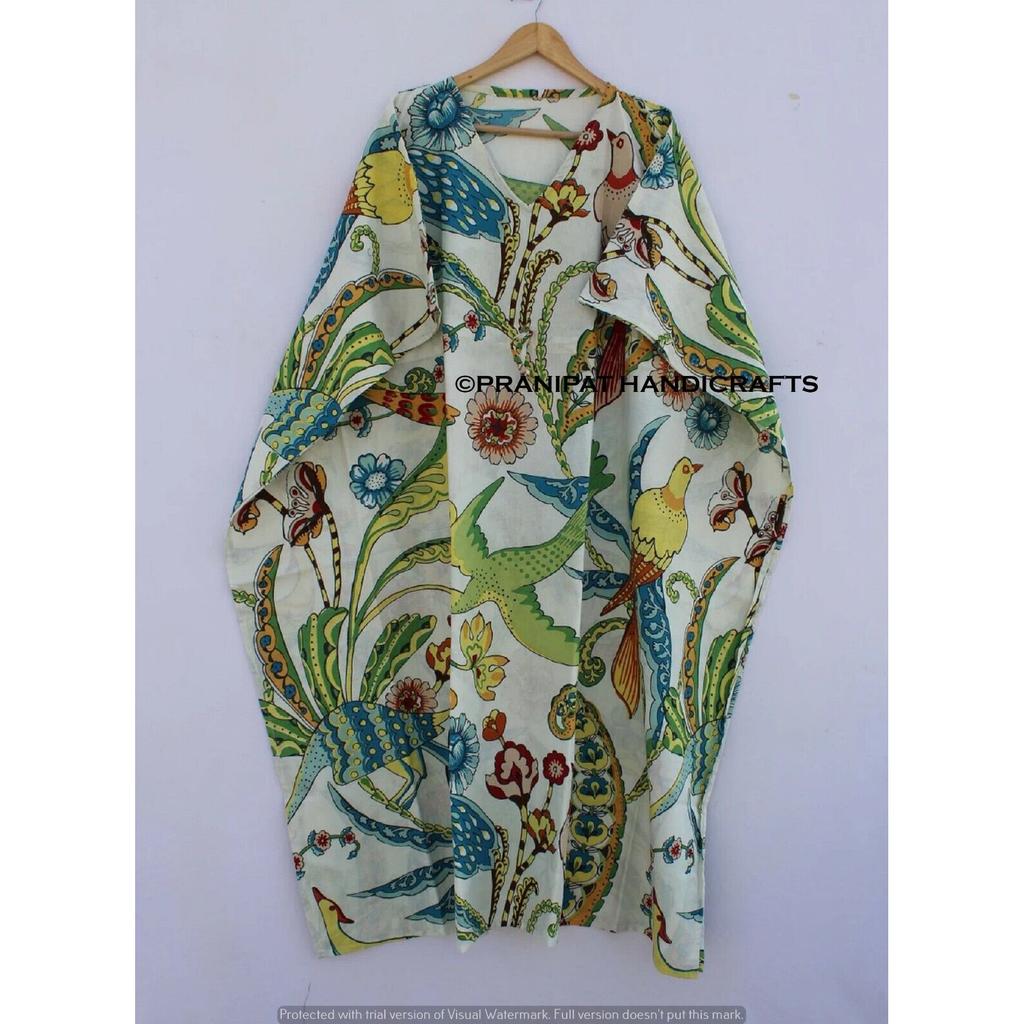 Women Cotton Hippie Summer White Sleepwear Peacock Print Long Maxi Caftan Dress CKFTN-SCRN-FULL-BUYIT-115