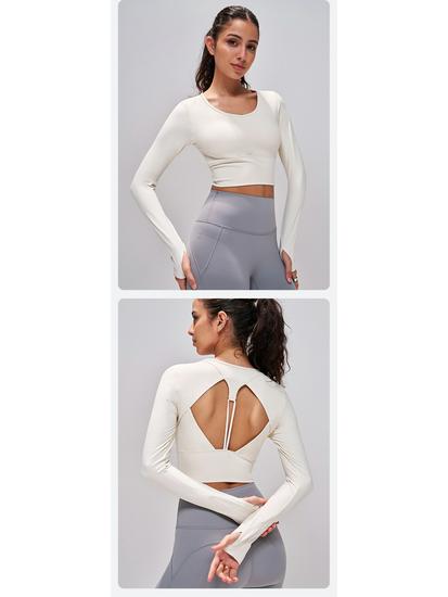 Women's Cross-border Long Sleeve Yoga Top with Fixed Cups and Hollow Back Design