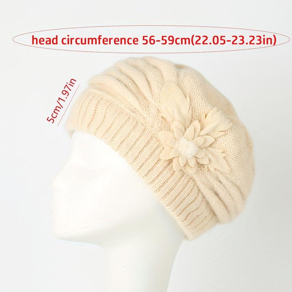 Pure Color Mom Hat Knitted Wool Female Berets Casual Winter Flower Hat  Autumn Winter