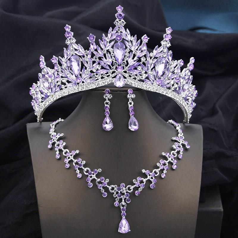 Queen Bridal Jewelry Sets for Women Pink Tiara Wedding Dress Crown With Necklace Earring Set Party Birthday Costume Accessories